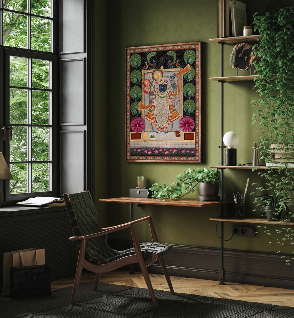 Pichwai Art II Indian Art Painting Artwork in oakwood floater frame on green wall beside a window for study room