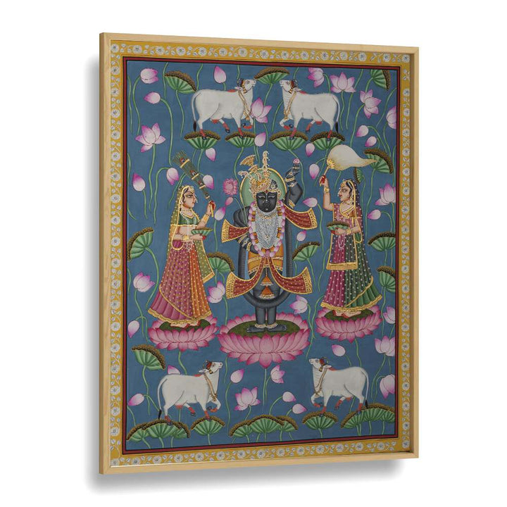 Pichwai Art IV Indian art painting Artwork in Oak Wood Plain Frame