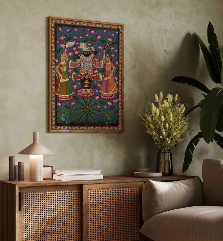 Pichwai Art V Indian Art Painting Artwork in oakwood floater frame on green wall above a console table