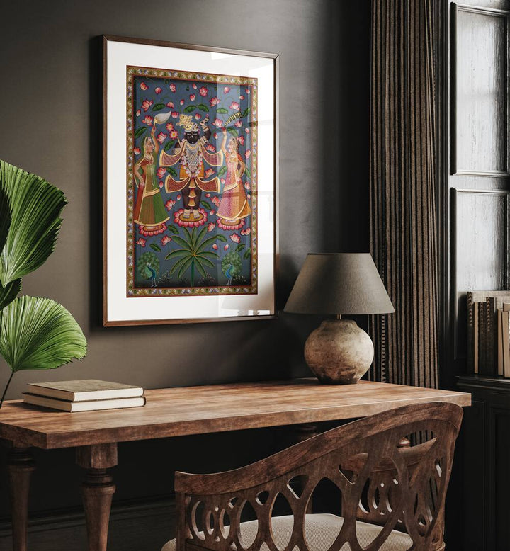 Pichwai Art V Indian Art Painting Artwork in oakwood frame with mount on brown wall above study table for study room