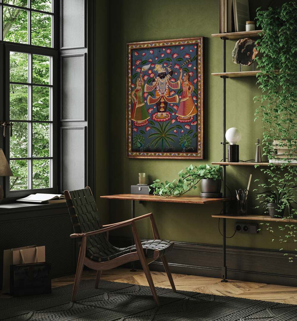 Pichwai Art V Indian Art Painting Artwork in oakwood floater frame on green wall beside a window for study room