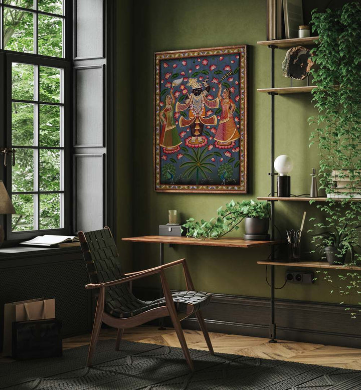 Pichwai Art V Indian Art Painting Artwork in oakwood floater frame on green wall beside a window for study room