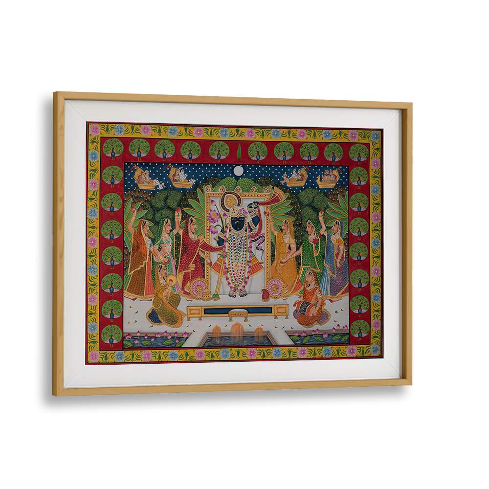 Pichwai Art VI Indian Art Painting Artwork in Oak Wood Frame With Mount