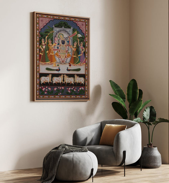 Pichwai Artwork Indian Art Painting Artwork in oakwood floater frame on beige wall 