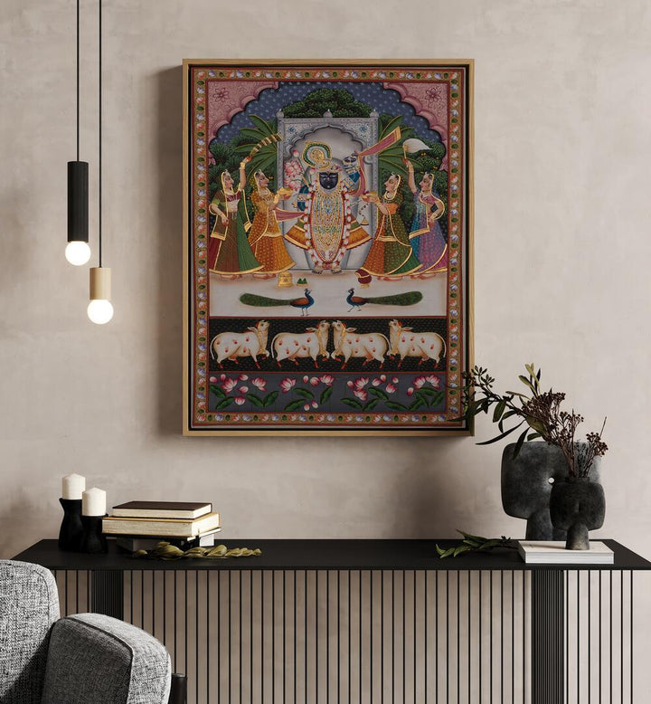 Pichwai Artwork Indian Art Painting Artwork in oakwood floater frame above black console table