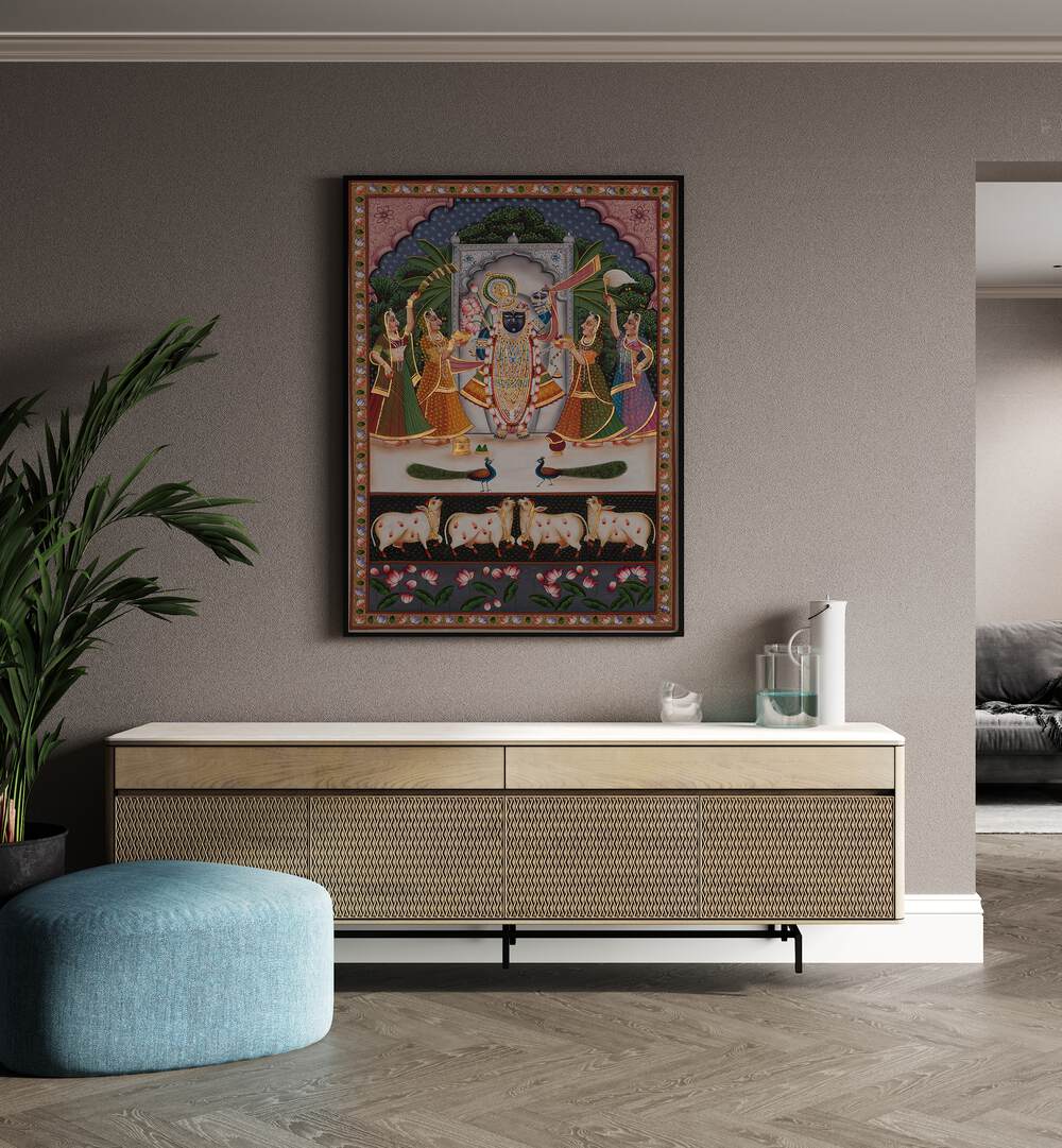 Pichwai Artwork Indian Art Painting Artwork in black plain frame above white console table