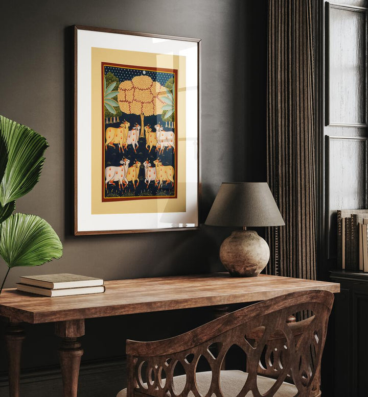 Pichwai Paintings Artwork Indian Art Painting Artwork in oakwood frame with mount above a study table for study area