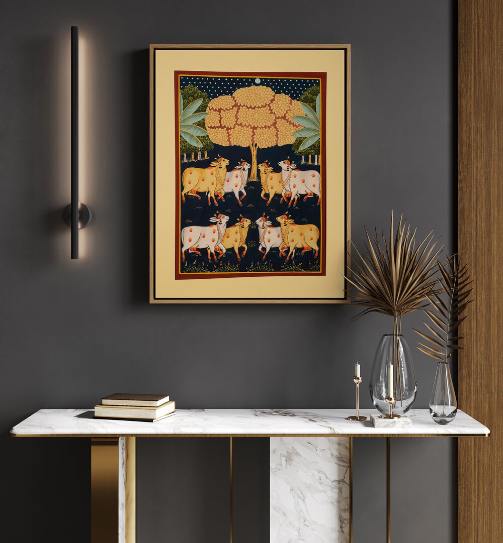 Pichwai Paintings Artwork Indian Art Painting Artwork in oakwood floater frame above a white table on grey wall