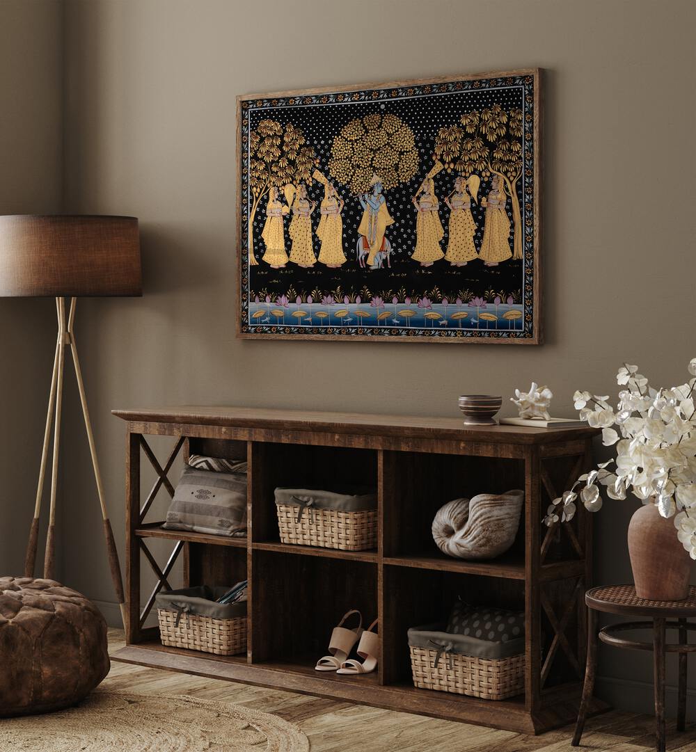 Pichwai Paintings V Indian Art Painting Artwork in Oak Wood Plain Frame placed on a Light Brown Wall above a Wooden Console Table in the Drawing Room