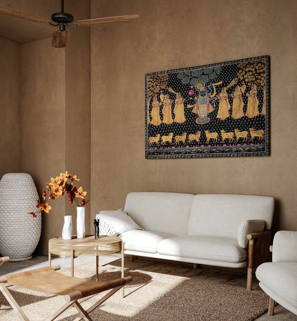 Pichwai Paintings VII Indian Art Painting Artwork in Gallery Wrap placed on a Desert Brown wall behind a white Sofa in the Living Room