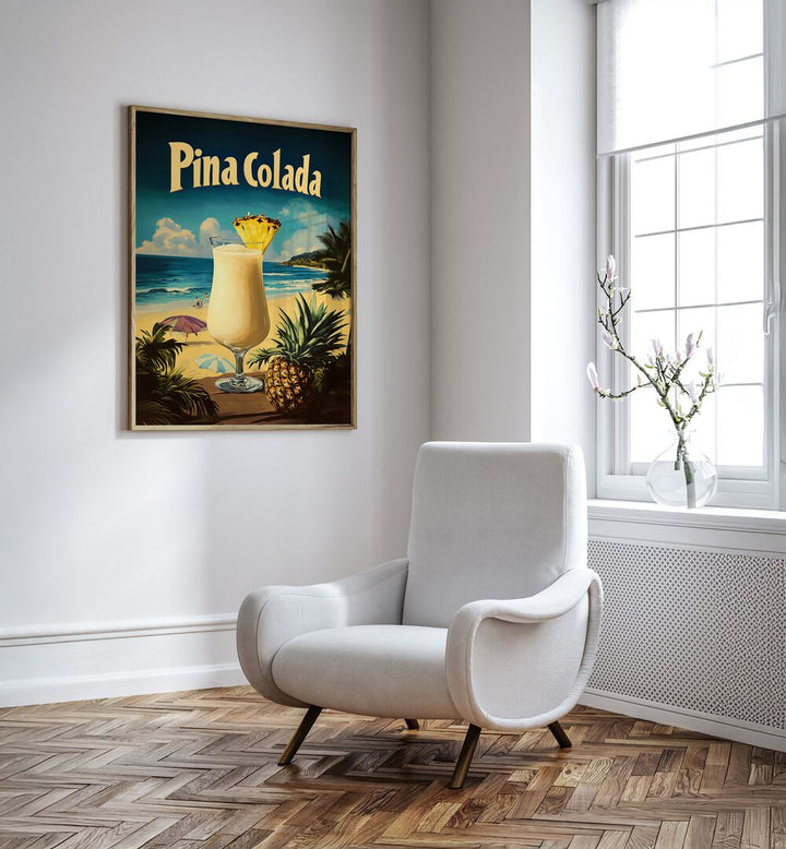 Tropical PINA COLADA VINTAGE, BAR art showcasing a refreshing drink against a sunny beach backdrop. Perfect for cafes!