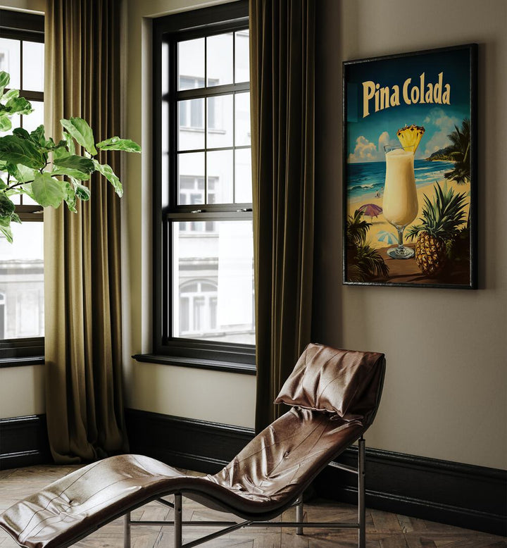 PINA COLADA VINTAGE, BAR art featuring a tropical drink by the window, perfect for beach-themed decor.