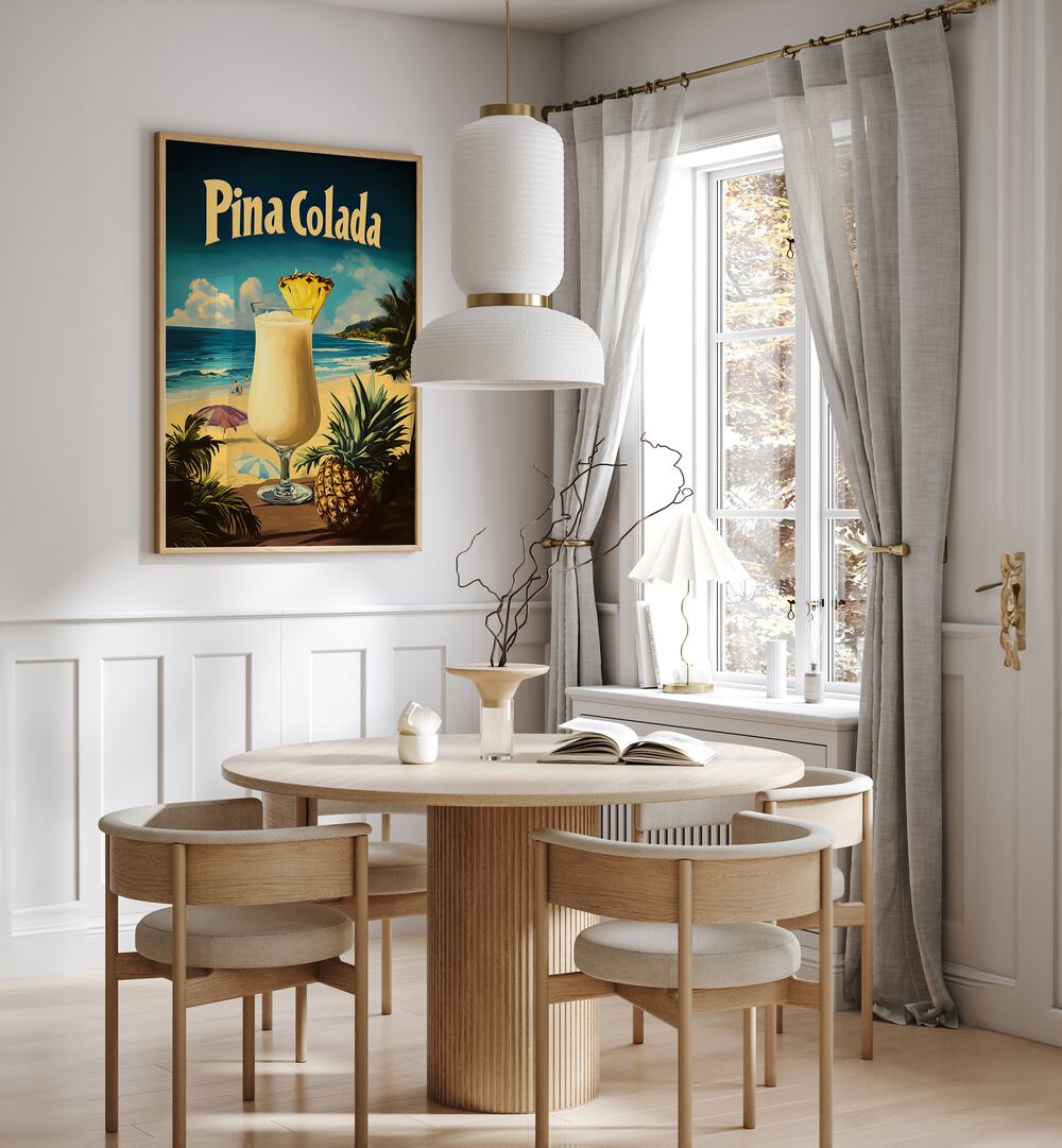 PINA COLADA VINTAGE, BAR art showcasing a tropical drink in a cozy cafe setting, perfect for beach lovers.