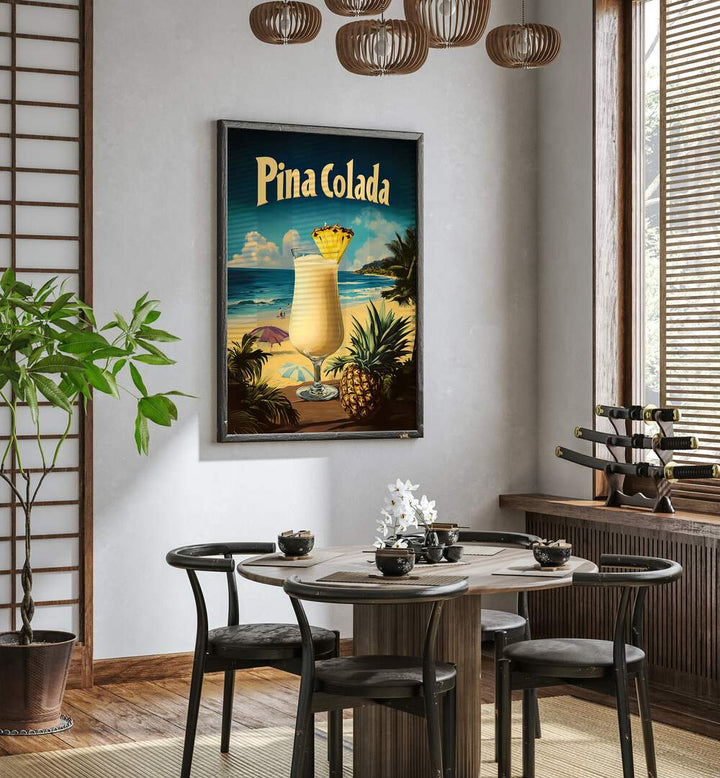 PINA COLADA VINTAGE, BAR art captures tropical vibes with a refreshing drink and beach scenery, perfect for decor.