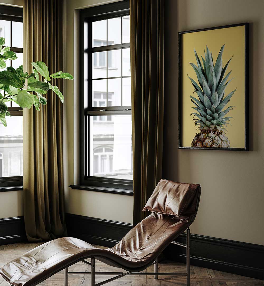 Brighten your kitchen with PINEAPPLE YELLOW III, KITCHEN POSTERS, combining art and culinary inspiration beautifully.