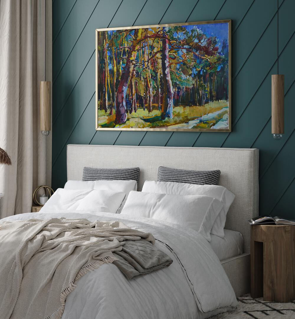 Vibrant PINE FOREST, LANDSCAPE PAINTINGS adorn a cozy bedroom, enhancing tranquility and natural beauty.