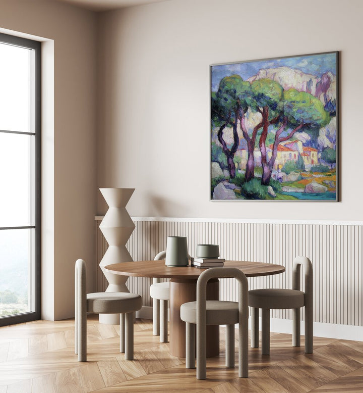 Elevate your decor with PINE TREES IN FRONT OF THE HOUSE artwork, showcasing serene nature in your living space.
