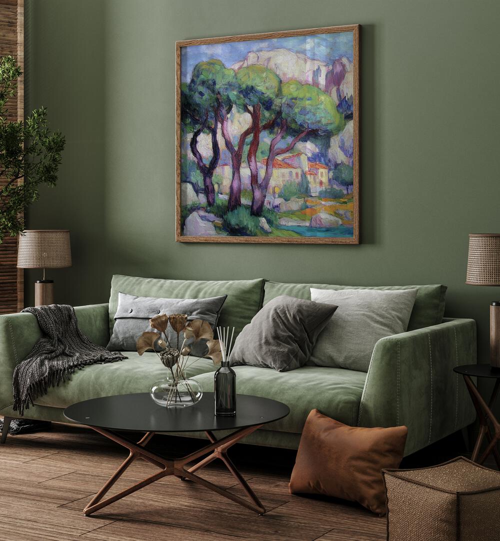 PINE TREES IN FRONT OF THE HOUSE artwork enhances your space with serene beauty and natural tranquility.