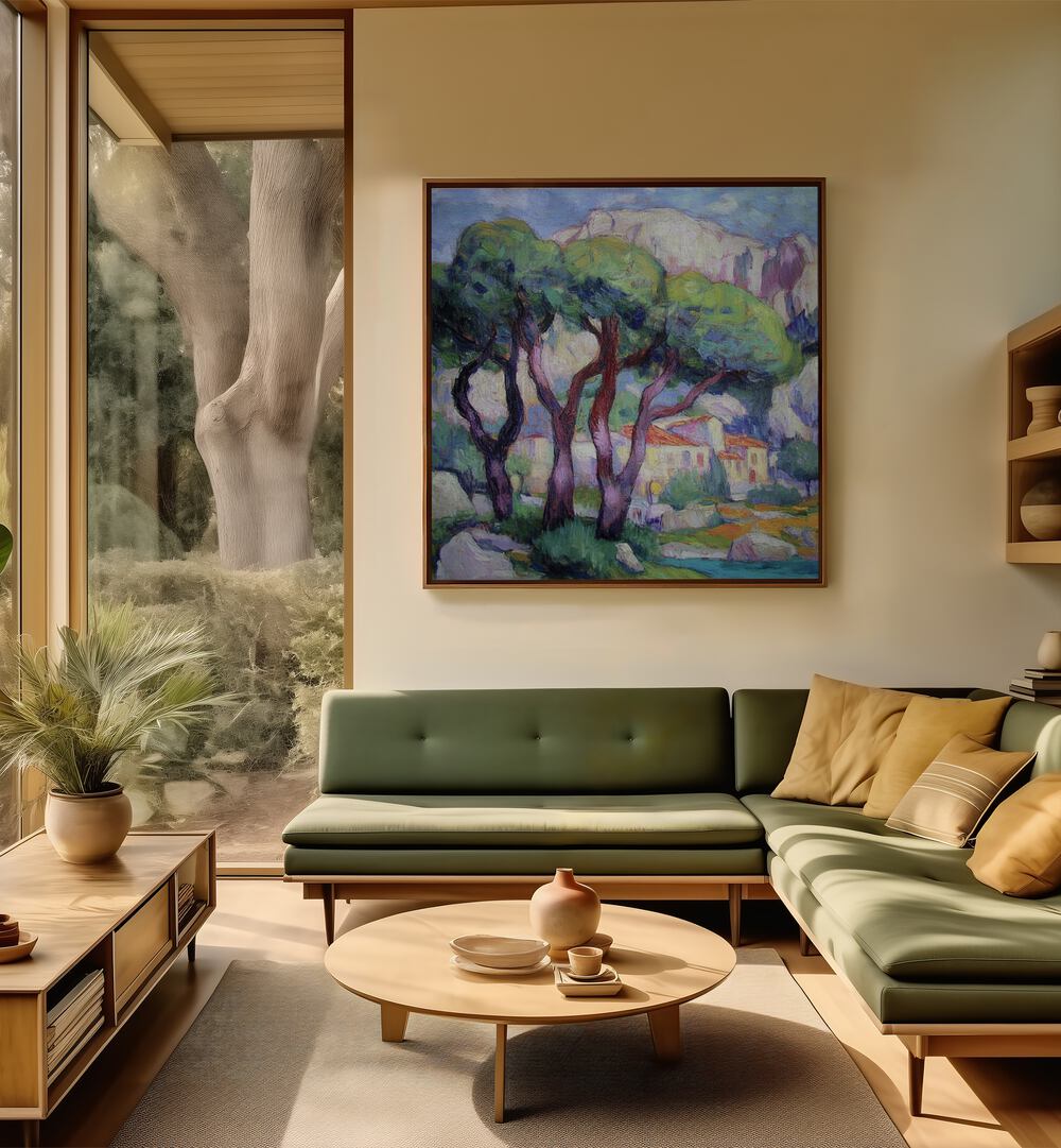 Transform your decor with PINE TREES IN FRONT OF THE HOUSE, showcasing nature’s beauty and tranquility in your space.