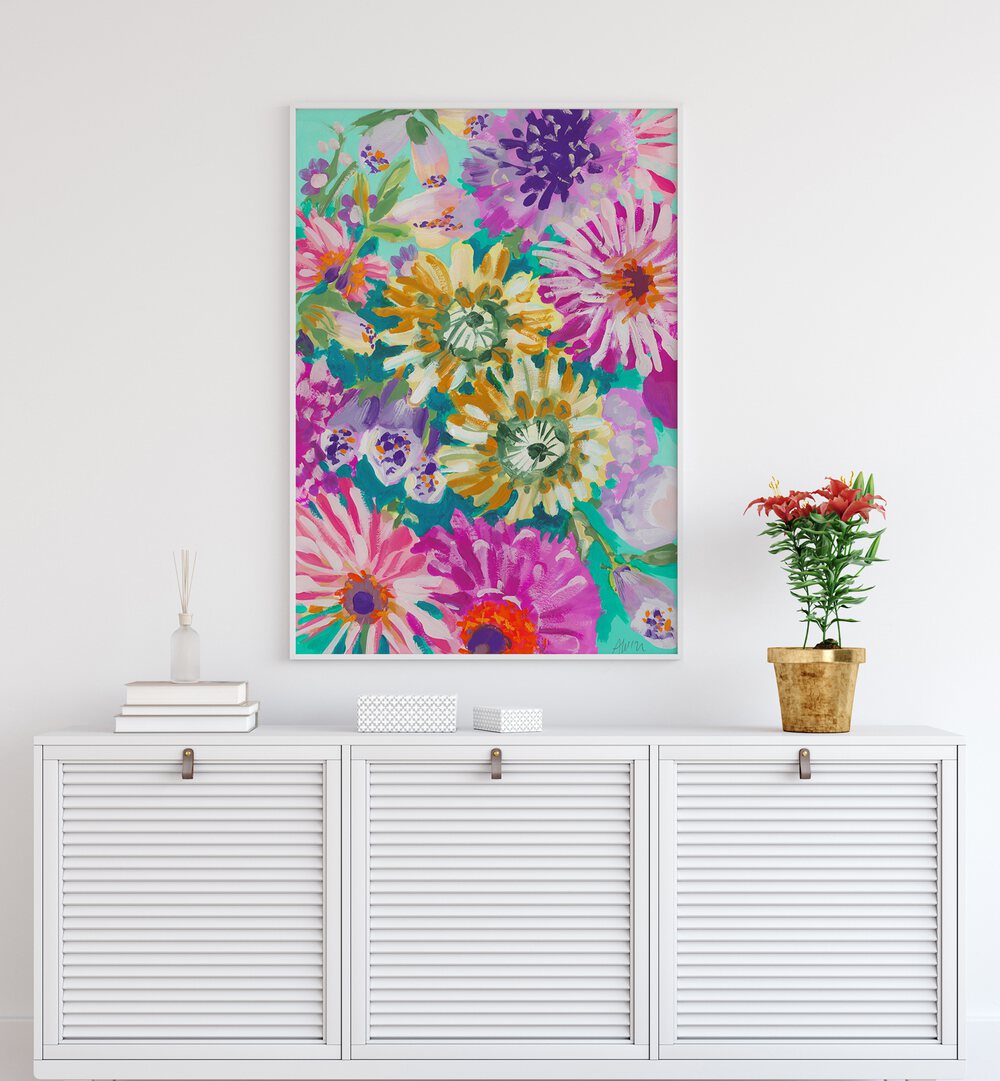 Pink Asters  Piglets By Ania Zwara Botanical Flower Paintings Artwork Placed on a wall