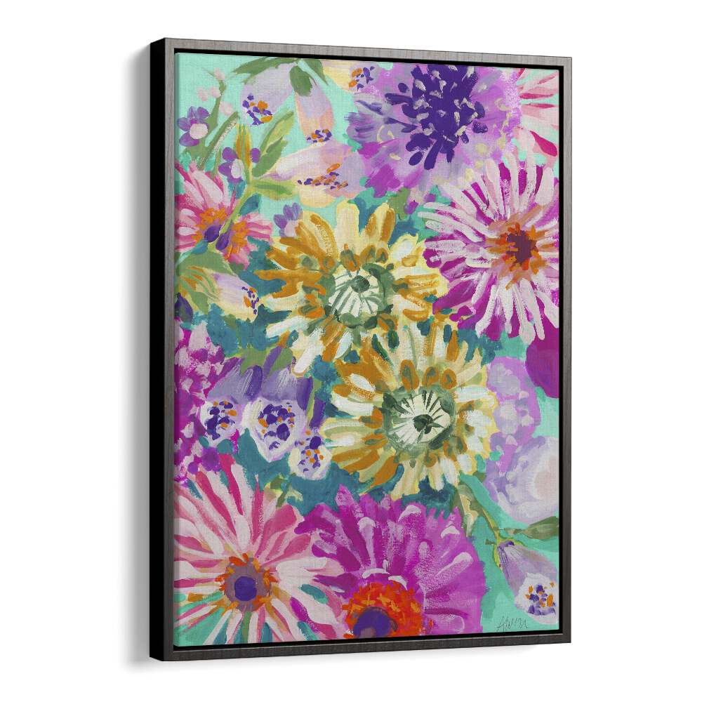 Pink Asters  Piglets By Ania Zwara Botanical Flower Paintings Artwork  in Black Floater Frame