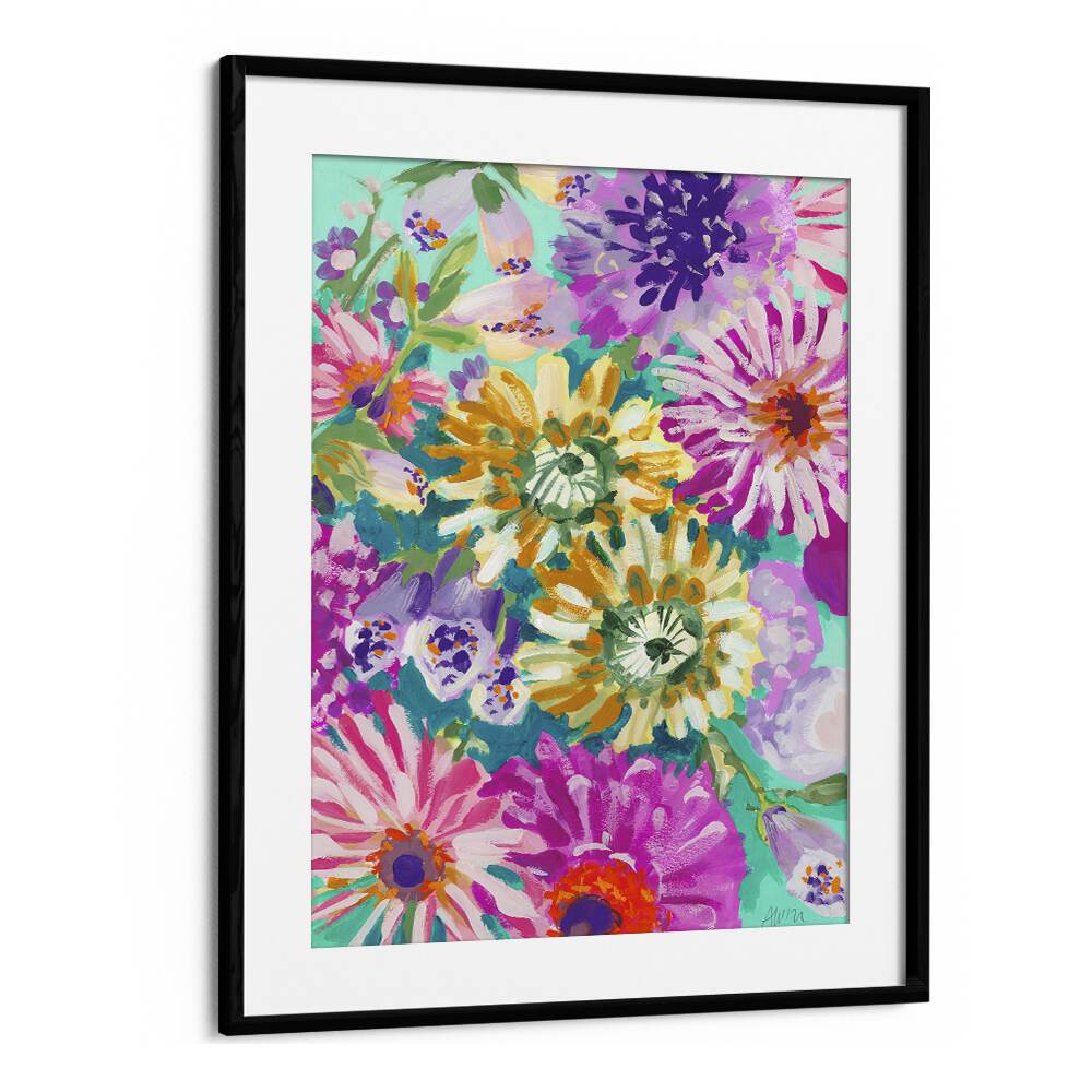 Pink Asters  Piglets By Ania Zwara Botanical Flower Paintings Artwork  in Black Frame With Mount