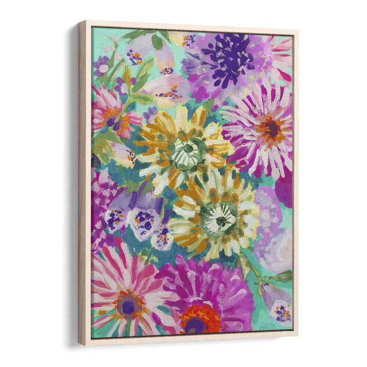 Pink Asters  Piglets By Ania Zwara Botanical Flower Paintings Artwork in Oak Wood Floater Frame