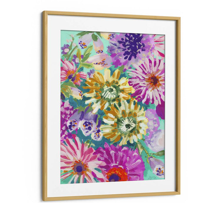 Pink Asters  Piglets By Ania Zwara Botanical Flower Paintings Artwork in Oak Wood Frame With Mount