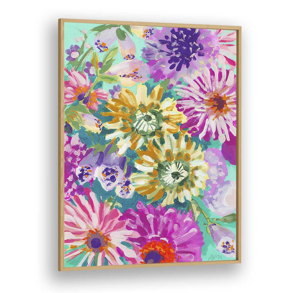 Pink Asters  Piglets By Ania Zwara Botanical Flower Paintings Artwork in Oak Wood Plain Frame