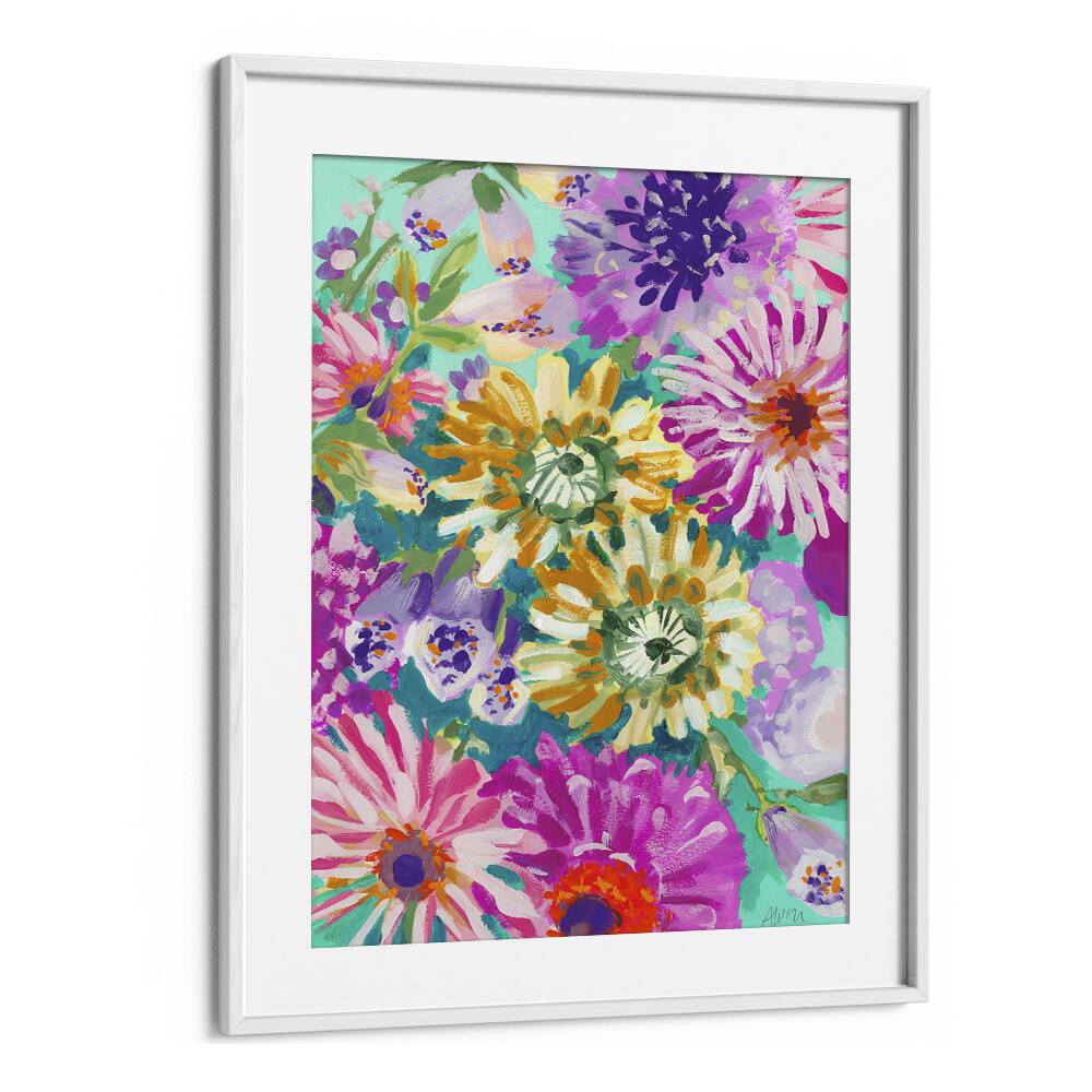 Pink Asters  Piglets By Ania Zwara Botanical Flower Paintings Artwork  in White frame With Mount