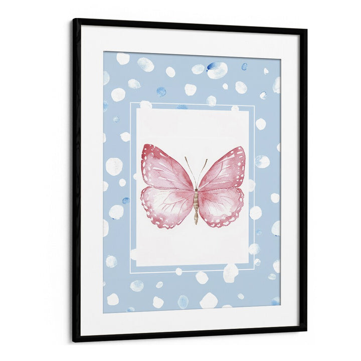 Pink Butterfly Kids Art Artwork in Black Frame With Mount
