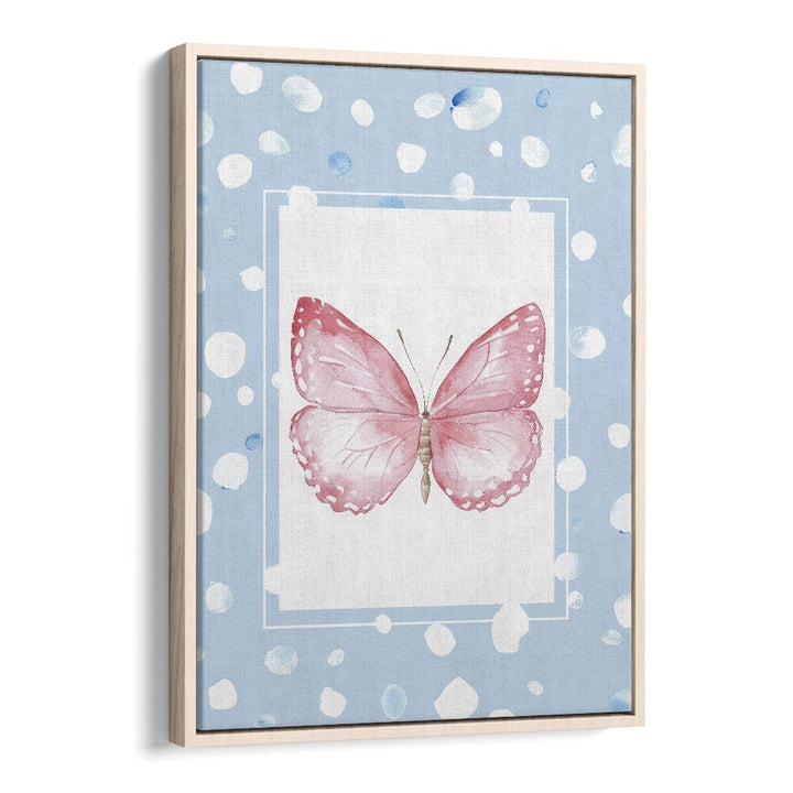 Pink Butterfly Kids Art Artwork in Oak Wood Floater Frame
