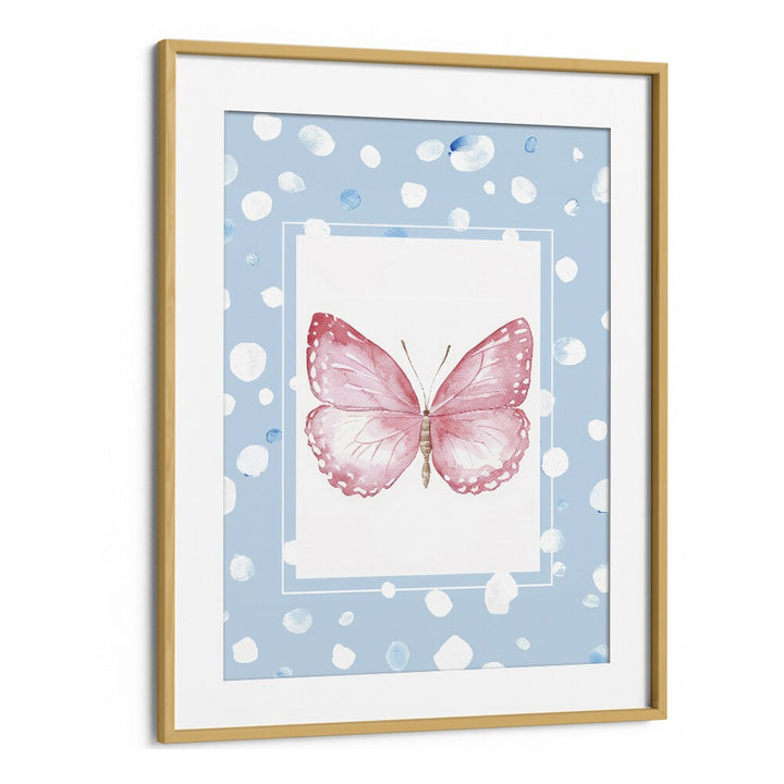 Pink Butterfly Kids Art Artwork in Oak Wood Frame With Mount
