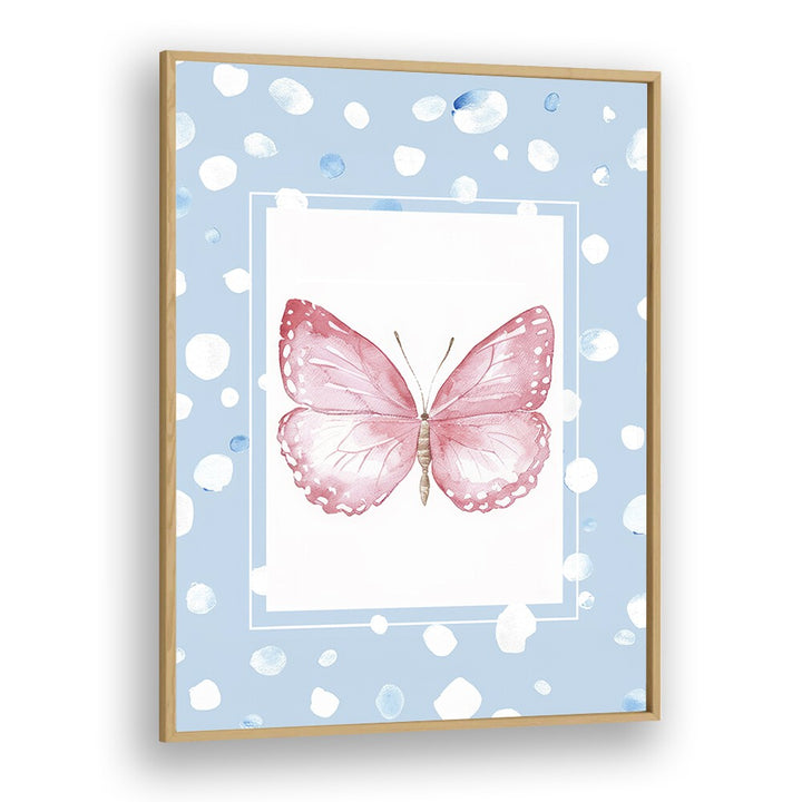 Pink Butterfly Kids Art Artwork in Oak Wood Plain Frame
