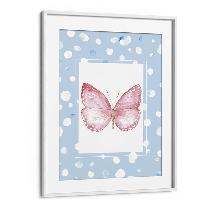 Pink Butterfly Kids Art Artwork in White Frame With Mount