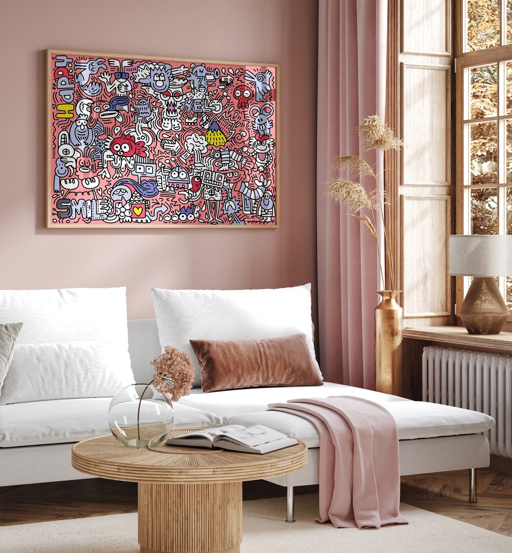 Pink Doodle Pop Art Artwork in oakwood frame behind white sofa on pink wall for living room