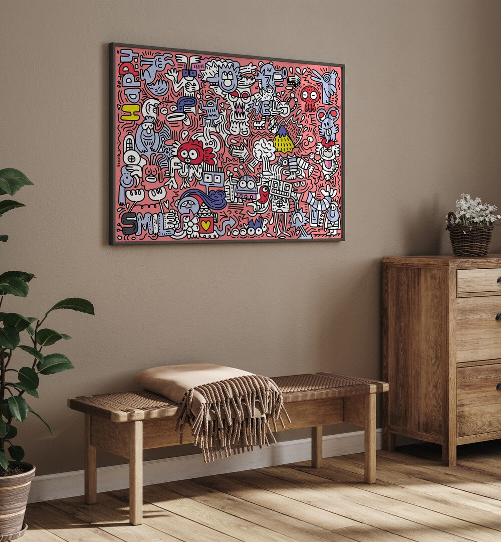 Pink Doodle Pop Art Artwork above console table on brown wall