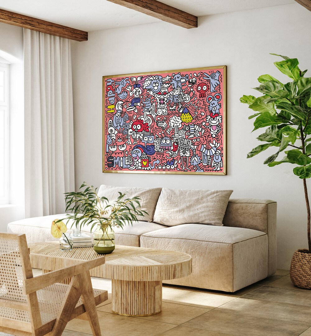 Pink Doodle Pop Art Artwork in plain gold frame behind a sofa for living room