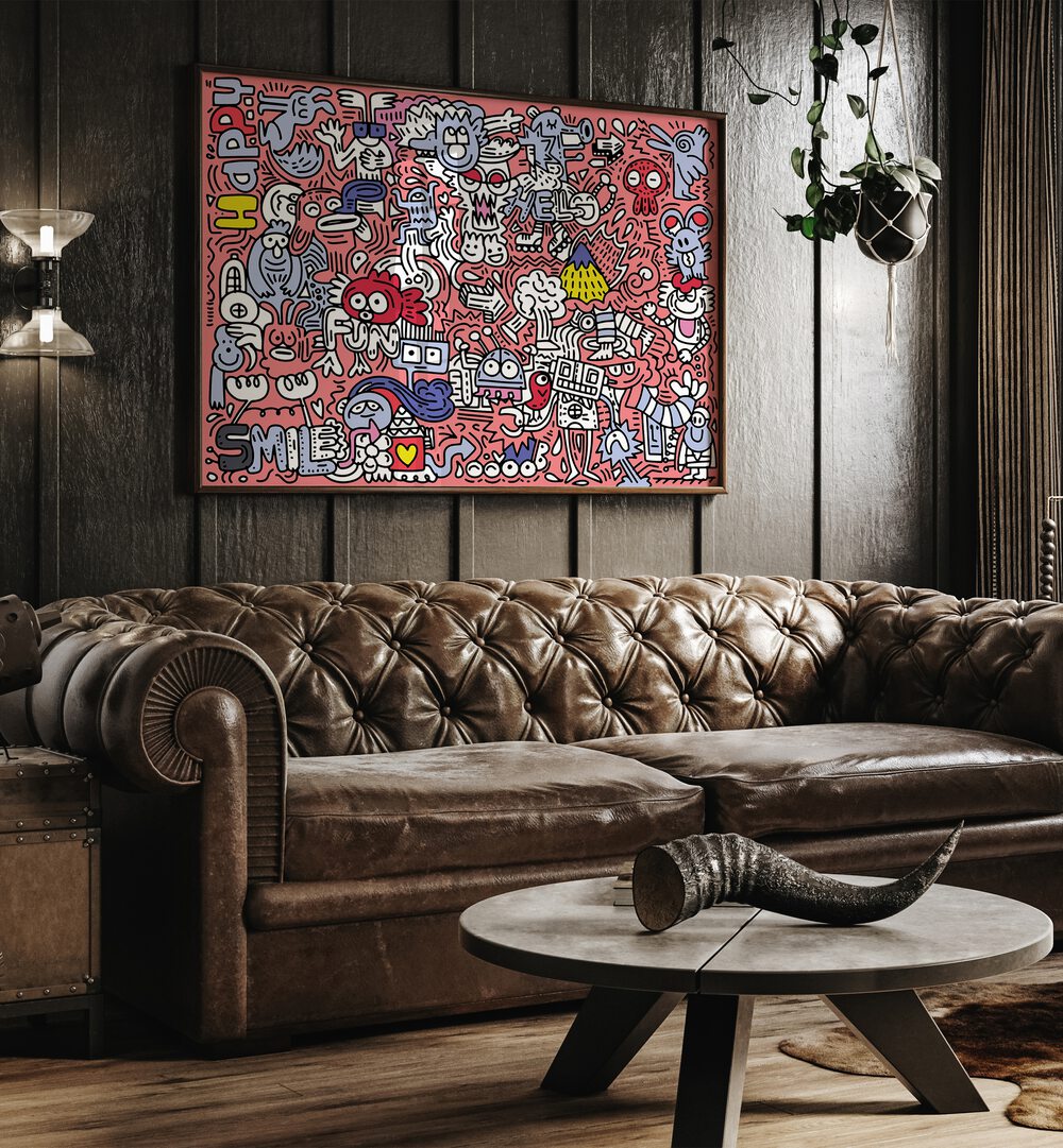 Pink Doodle Pop Art Artwork behind a brown leather sofa for living room