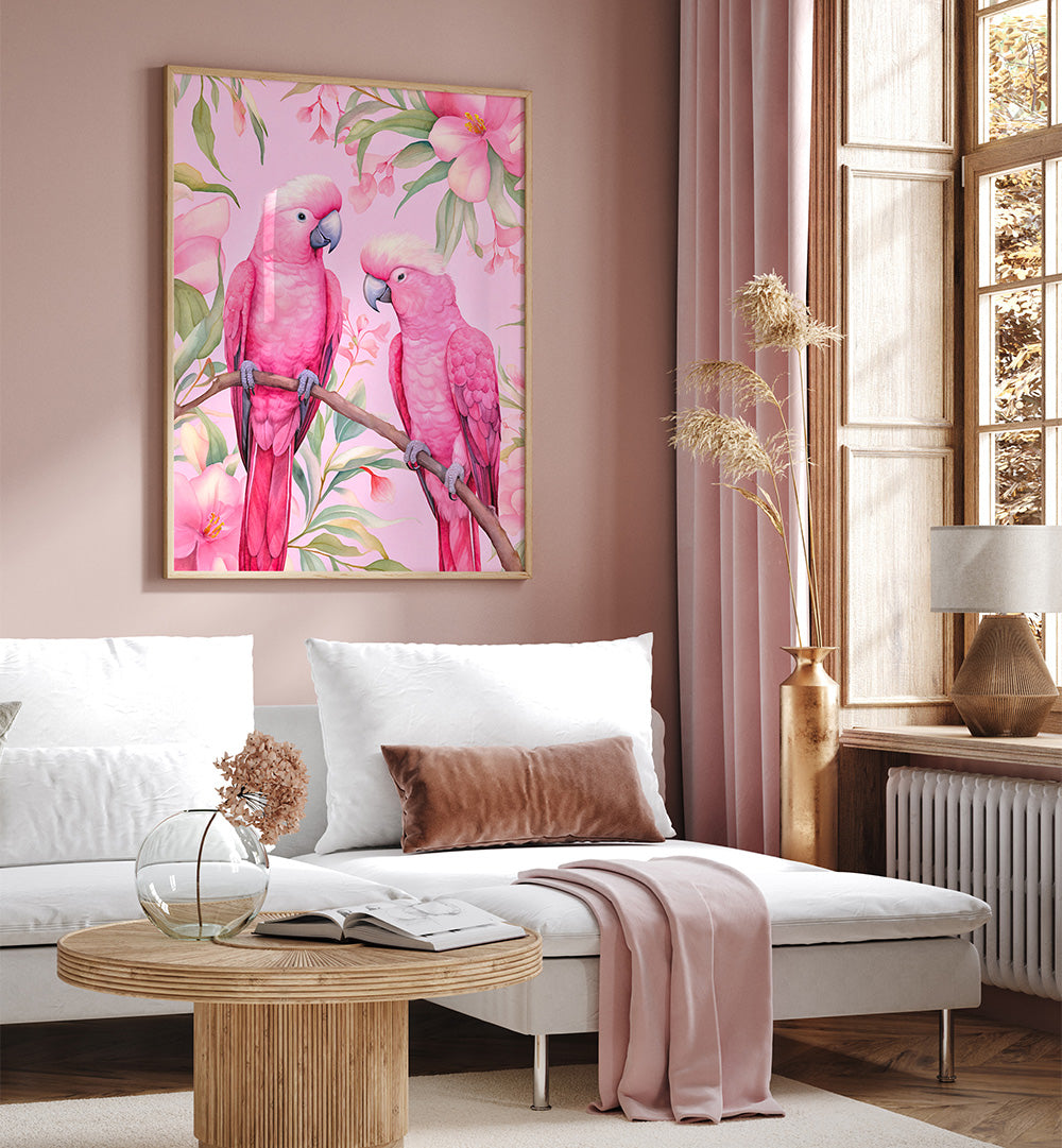 PINK PARROTS ON BRANCH