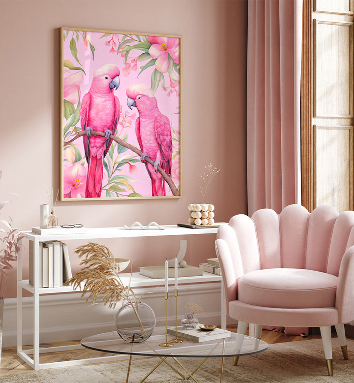 PINK PARROTS ON BRANCH