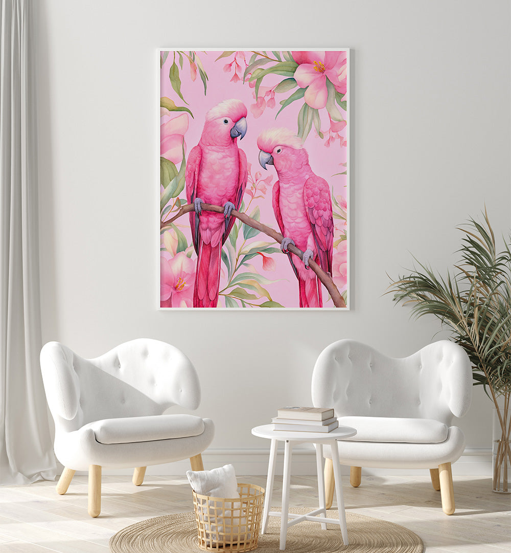 PINK PARROTS ON BRANCH
