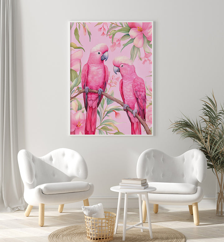 PINK PARROTS ON BRANCH