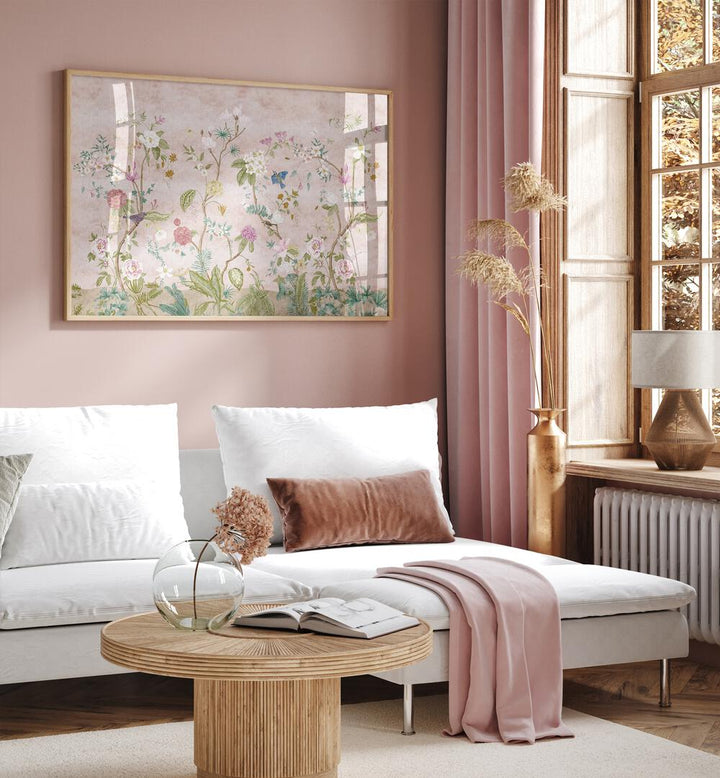 Pink Floral Artwork Indian Art Painting Artwork in plain oakwood frame behind white sofa on a pink wall beside a window for living room