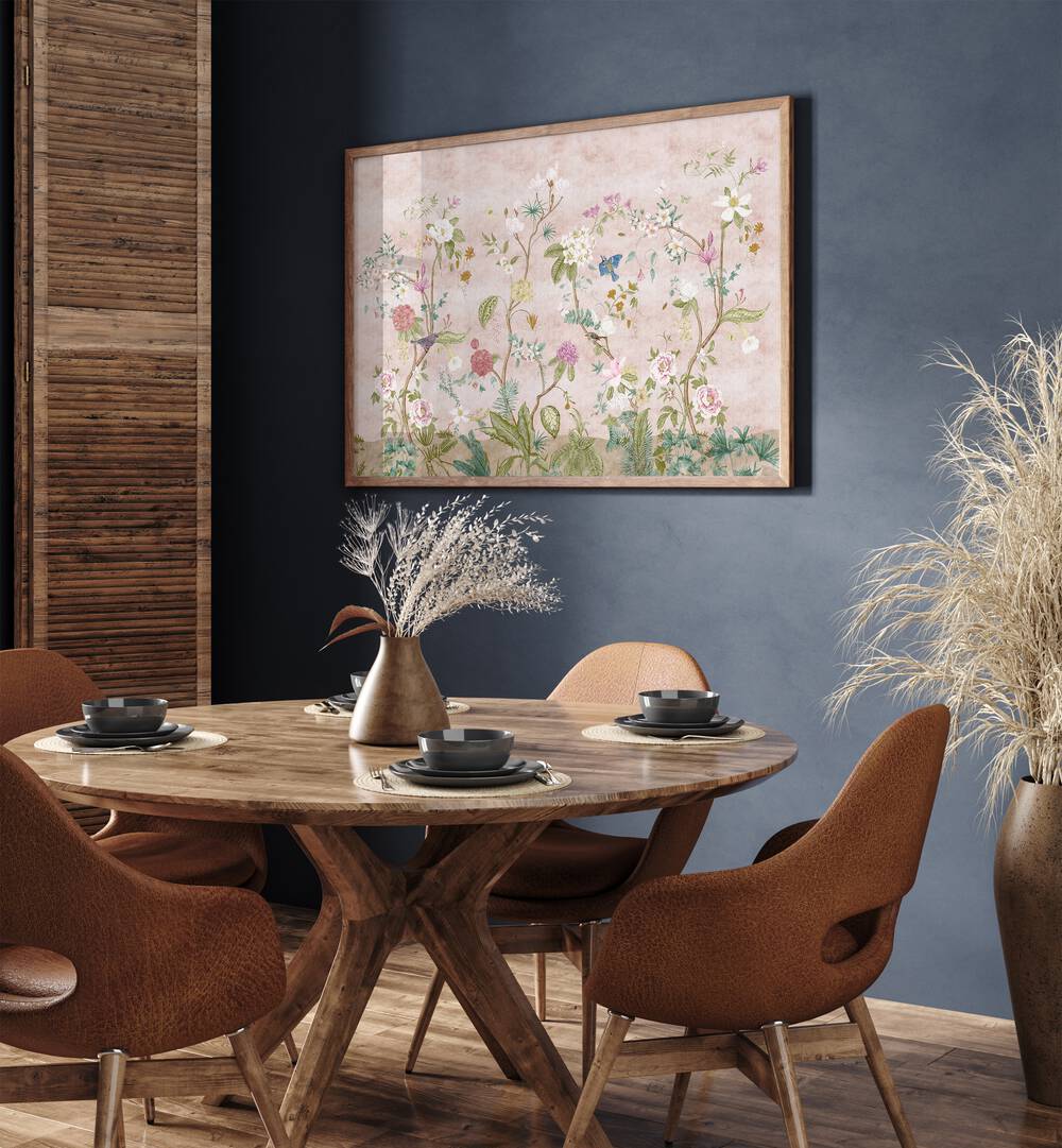 Pink Floral Artwork Indian Art Painting Artwork in plain oakwood frame on blue wall for dining area