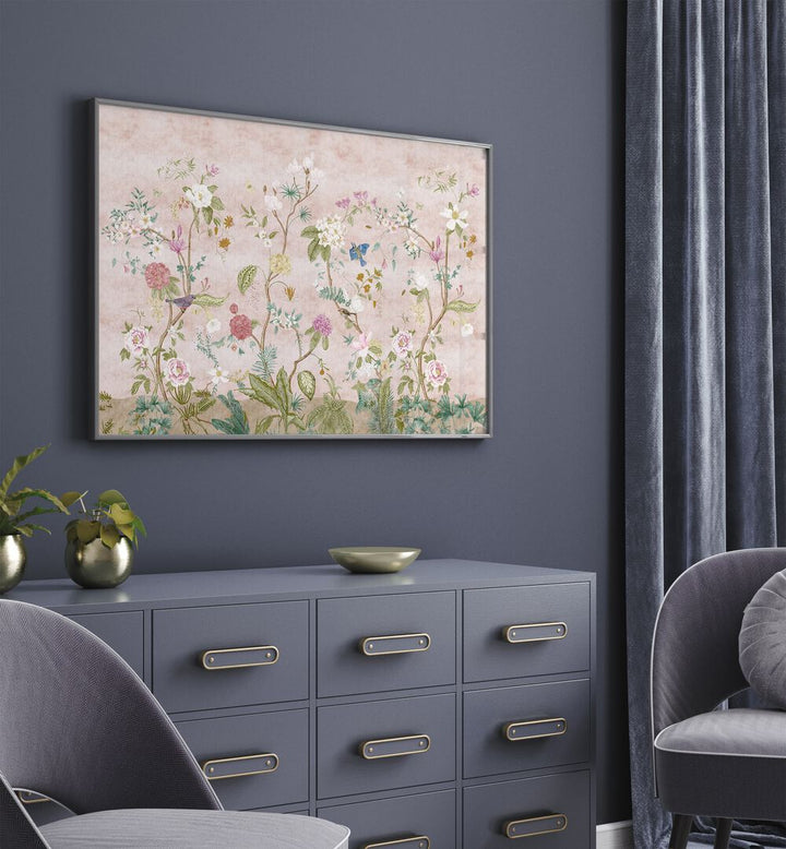 Pink Floral Artwork Indian Art Painting Artwork in plain black frame on blue wall above a console table