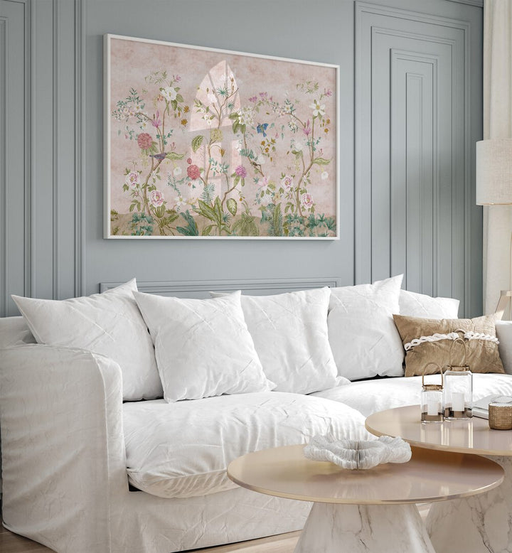 Pink Floral Artwork Indian Art Painting Artwork in white plain frame behind white sofa for living room