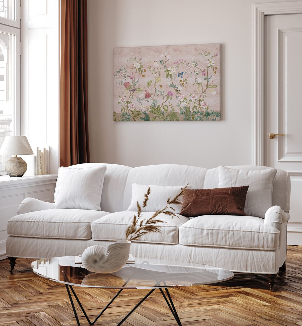 Pink Floral Artwork Indian Art Painting Artwork in gallery wall behind a white sofa for living room