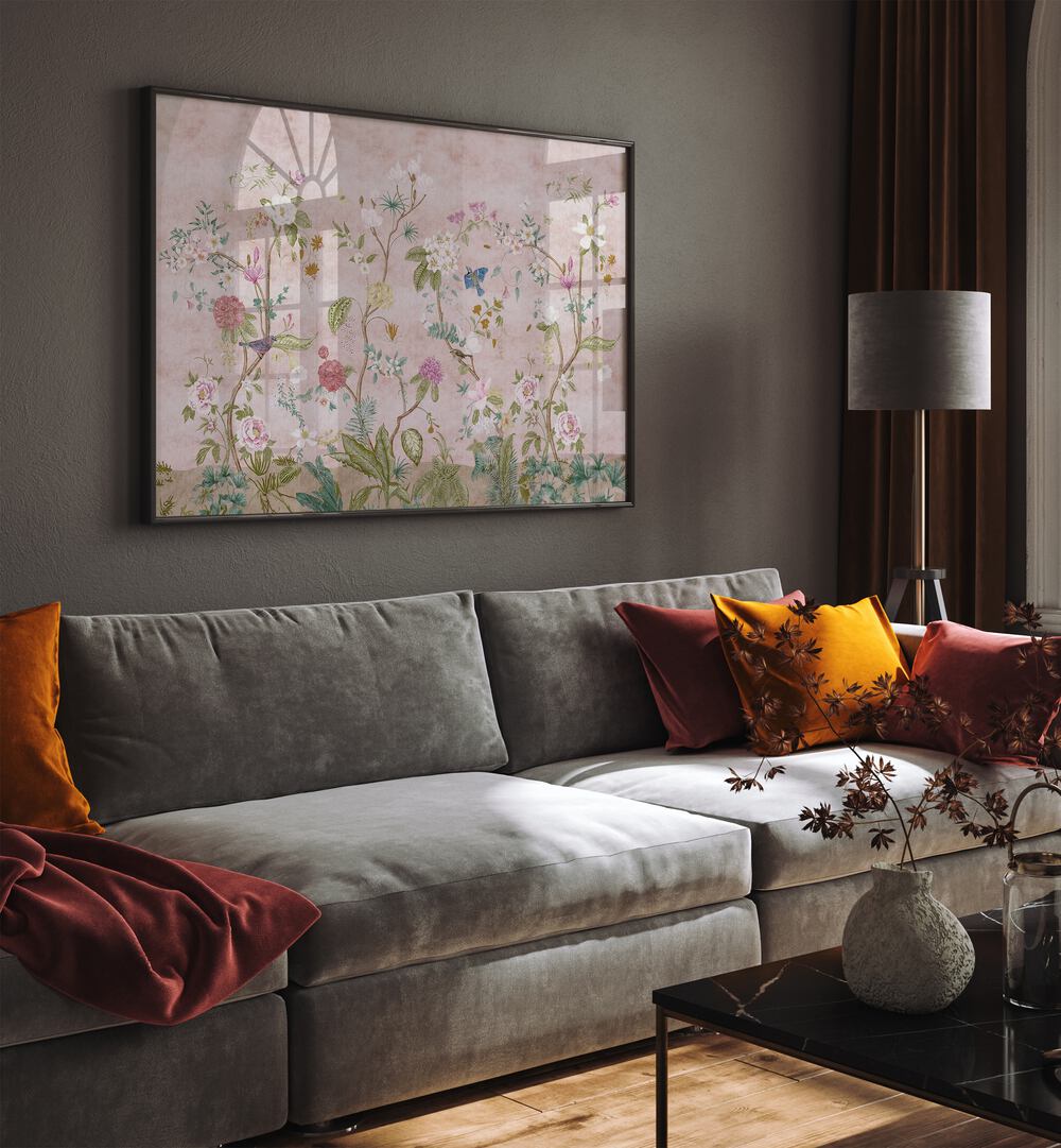 Pink Floral Artwork Indian Art Painting Artwork in black plain frame behind a sofa for living room