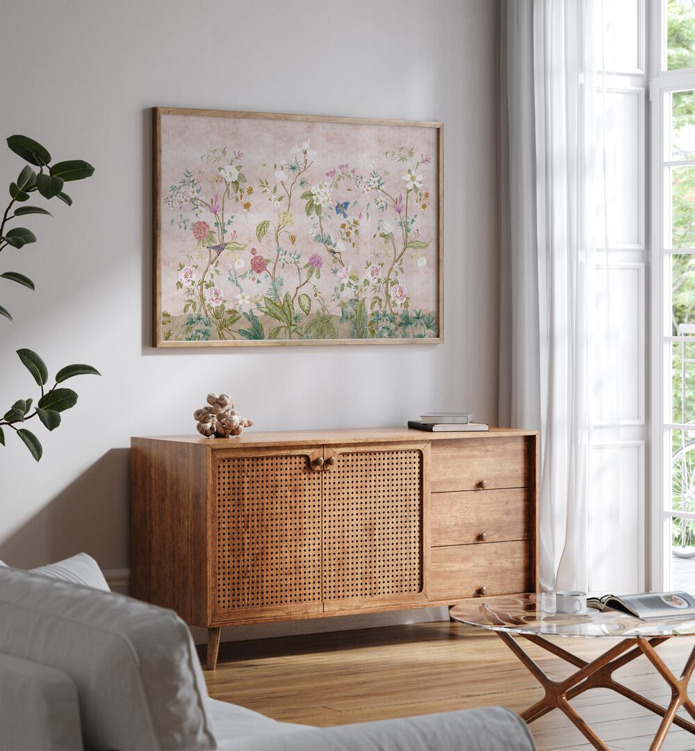 Pink Floral Artwork Indian Art Painting Artwork in oakwood plain frame above a console table on white wall beside a door